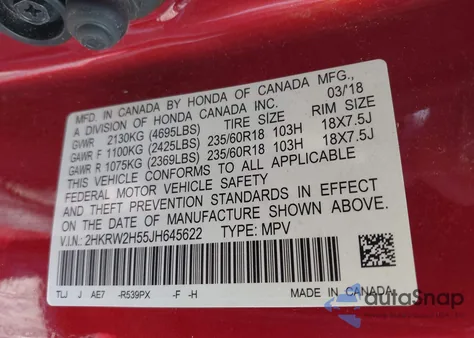 2018 Honda Cr-V Ex from USA, damaged, VIN 2HKRW2H55JH645622